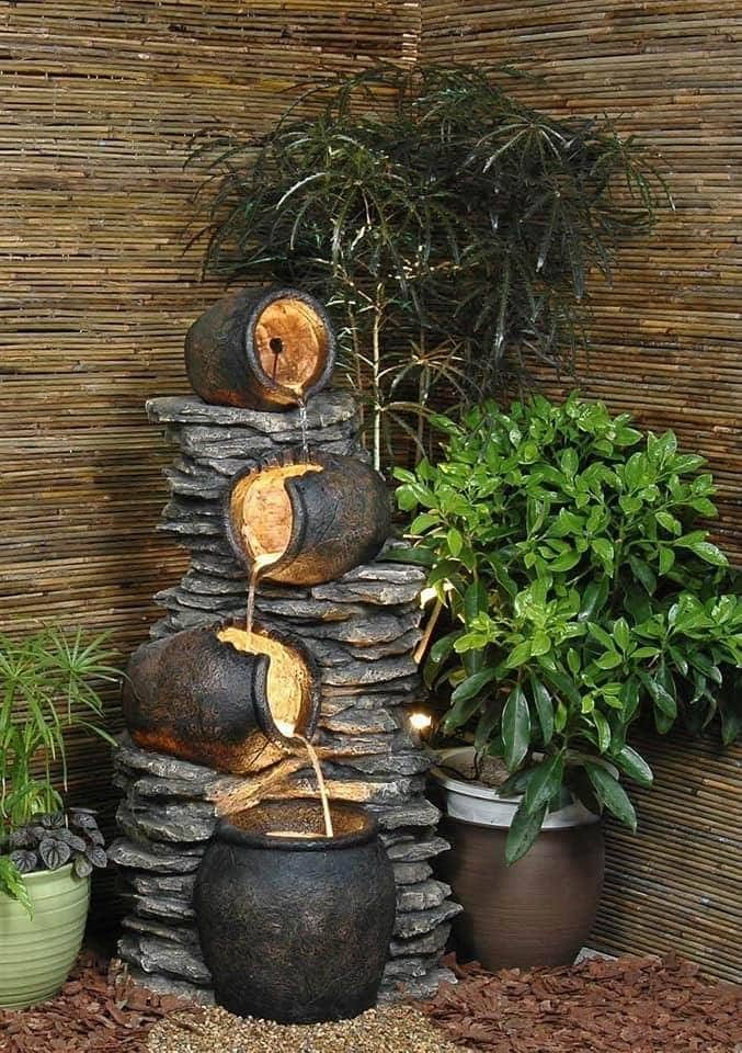 Rustic Garden Corner Water Feature with Stacked Jar Fountain