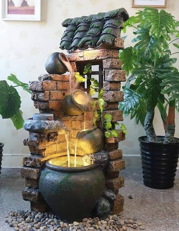 Rustic Indoor Water Feature with Brick and Pot Design