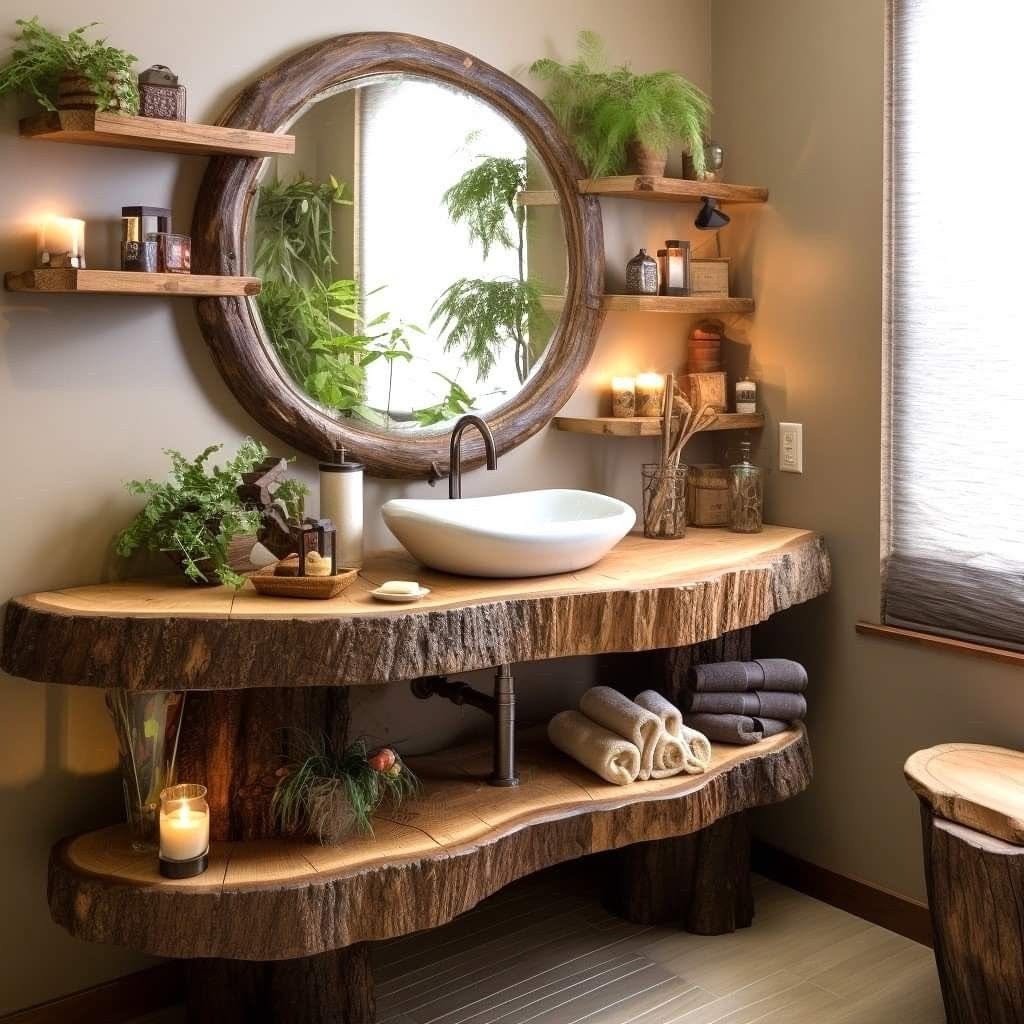 Rustic Bathroom with Live Edge Wood Vanity and Round Mirror