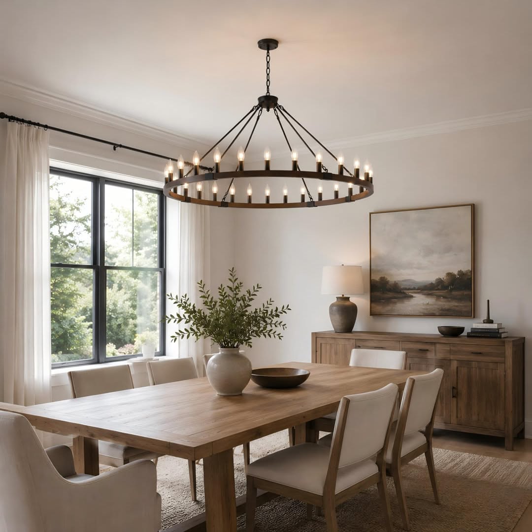 Modern Rustic Dining Room with Wood Table and Chandelier