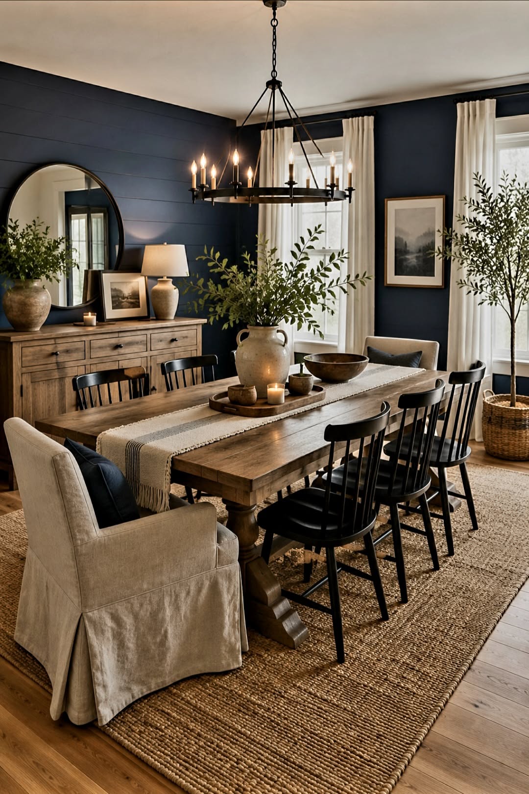Warm Rustic Dining Room with Navy Accent Walls