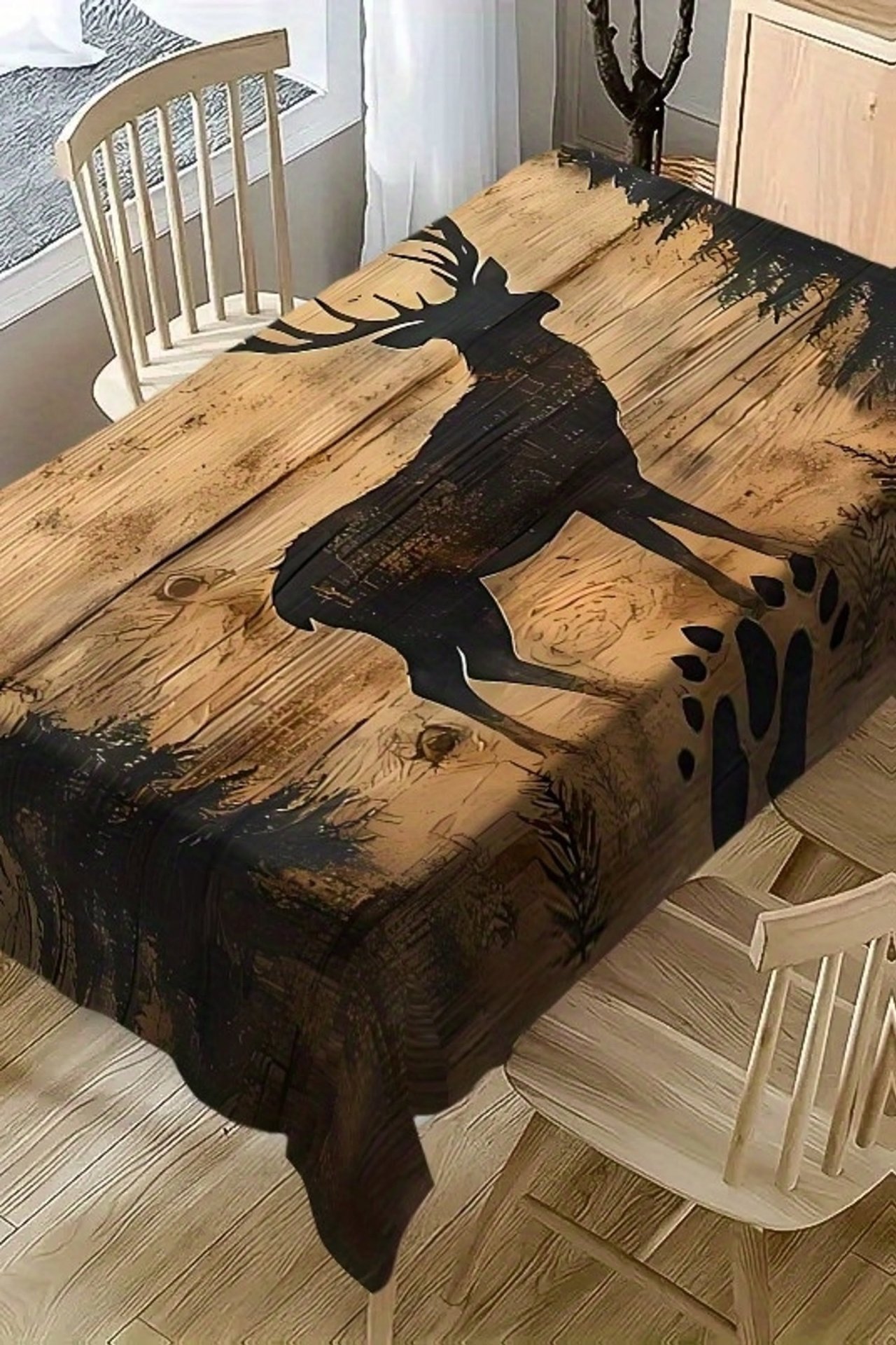 Rustic Dining Table with Woodland Deer Tablecloth