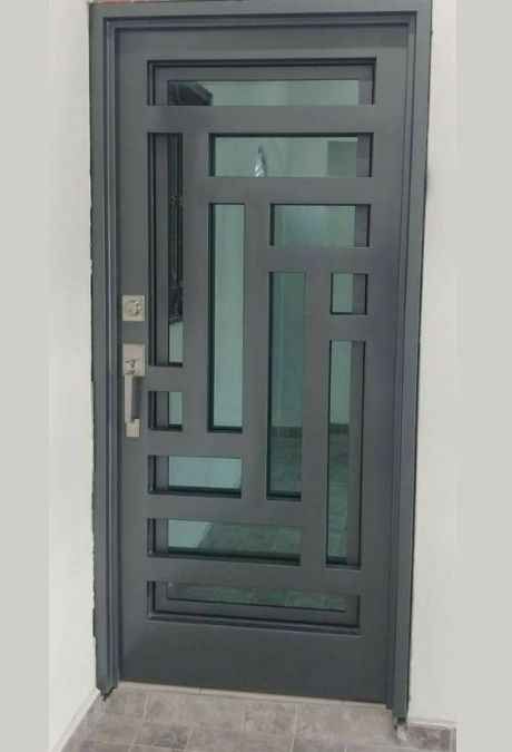 Modern Steel Entry Door with Geometric Glass Panel Design