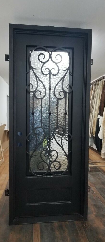 Wrought Iron Entry Door with Decorative Glass Panel