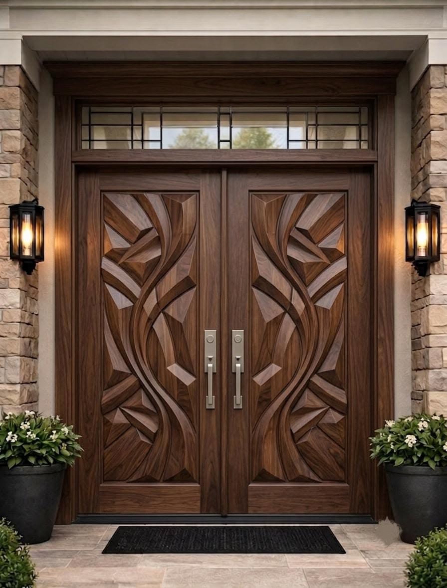 Sculpted Wood Double Entry Doors with Modern Art Deco Design