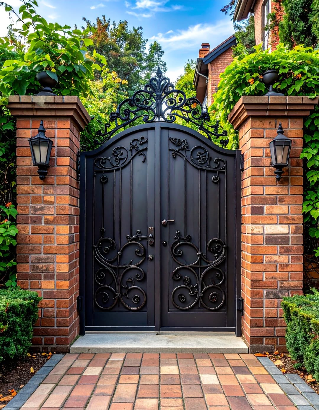 Wrought Iron Double Gate with Brick Pillars and Ornamental Lanterns