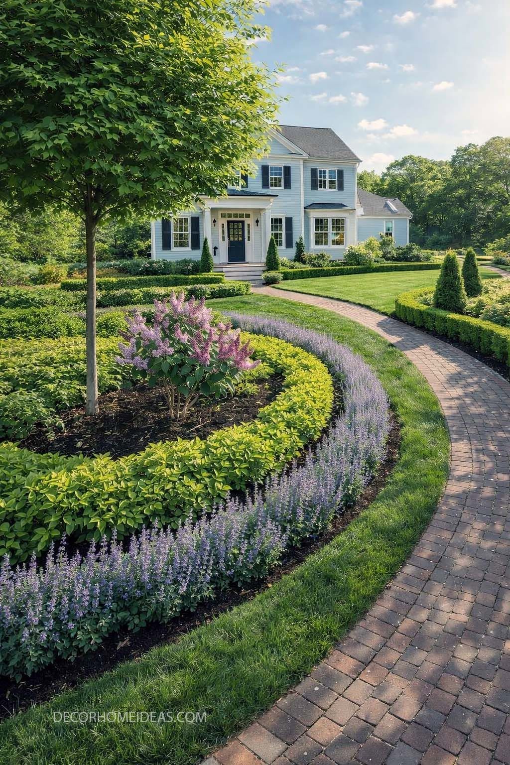 Elegant Traditional Front Yard with Curved Brick Walkway