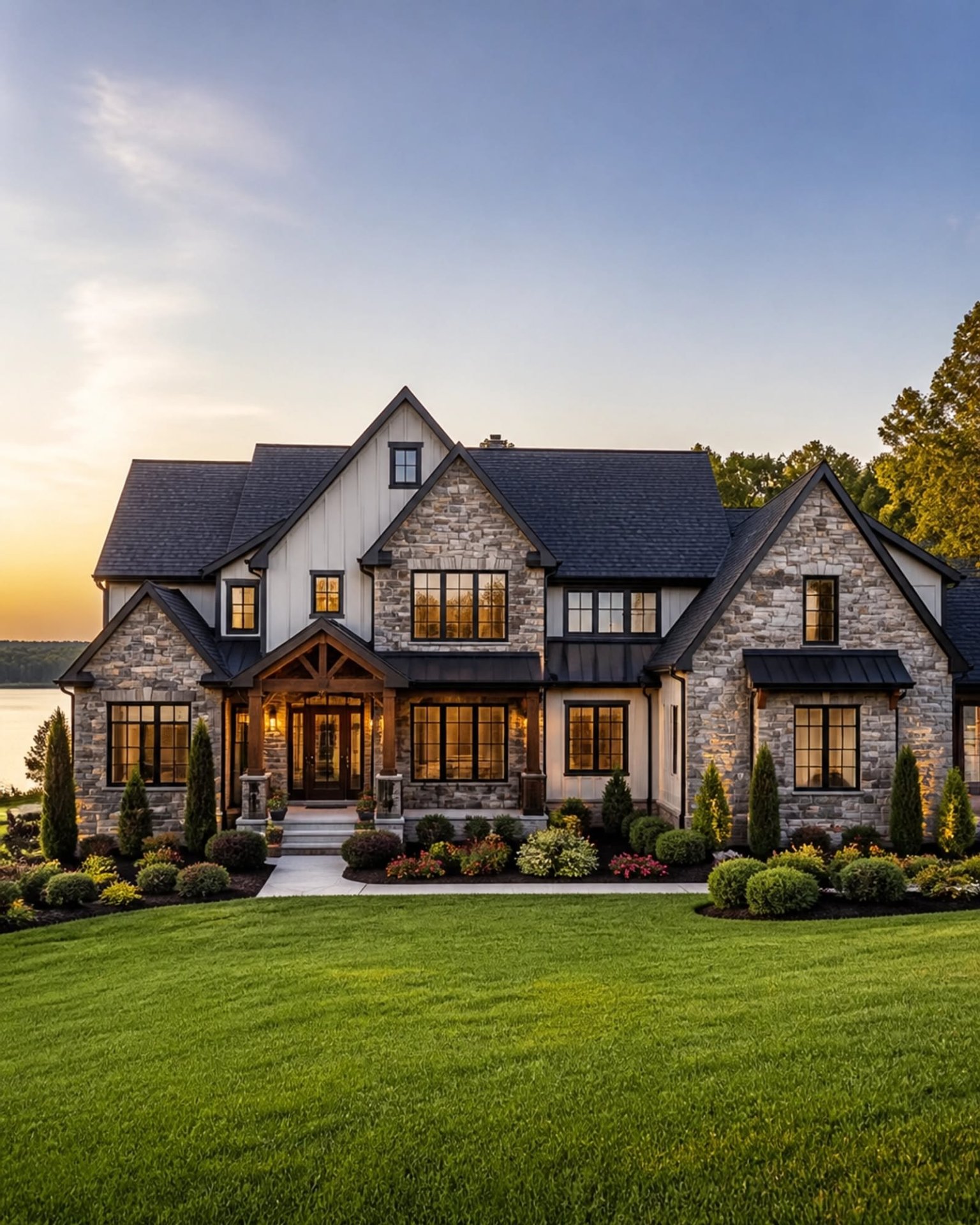 Modern Craftsman Stone House Exterior with Lush Landscaping at Sunset