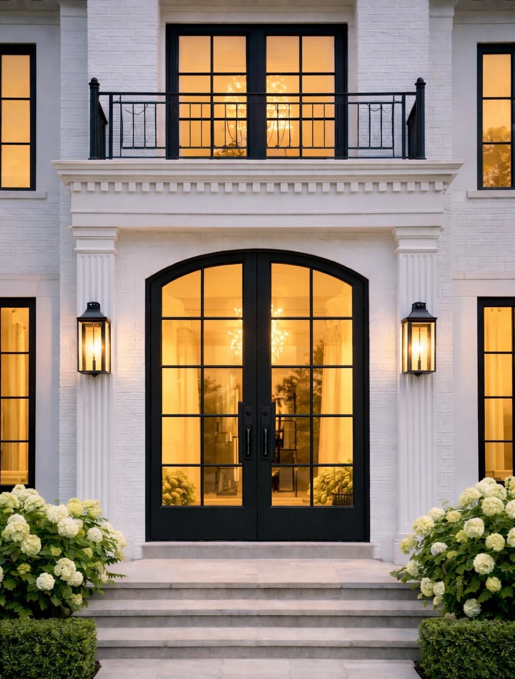 Elegant Black Double Entry Doors with Sidelights and Balcony Above