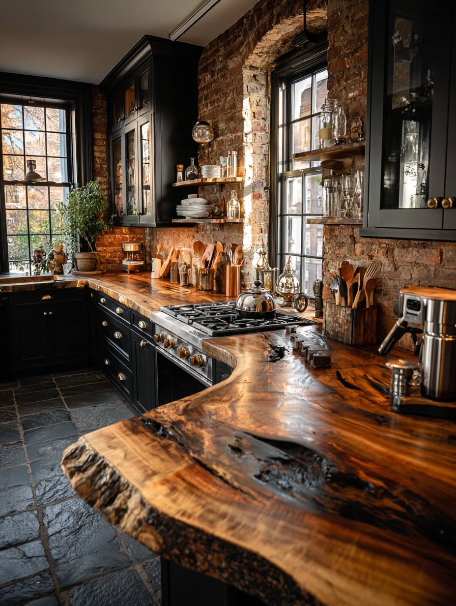 Rustic Kitchen with Live Edge Wood Countertops and Exposed Brick Walls