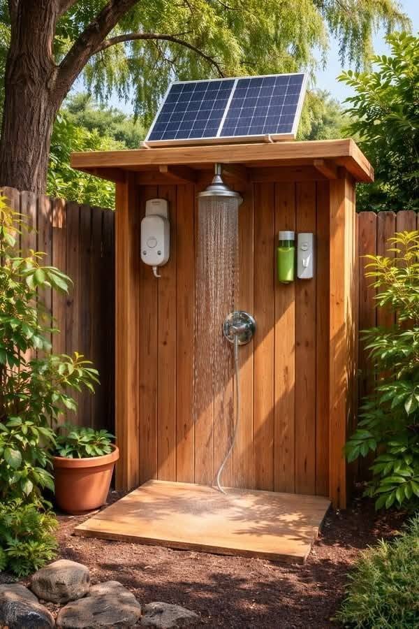 Eco-Friendly Outdoor Shower with Solar Panels