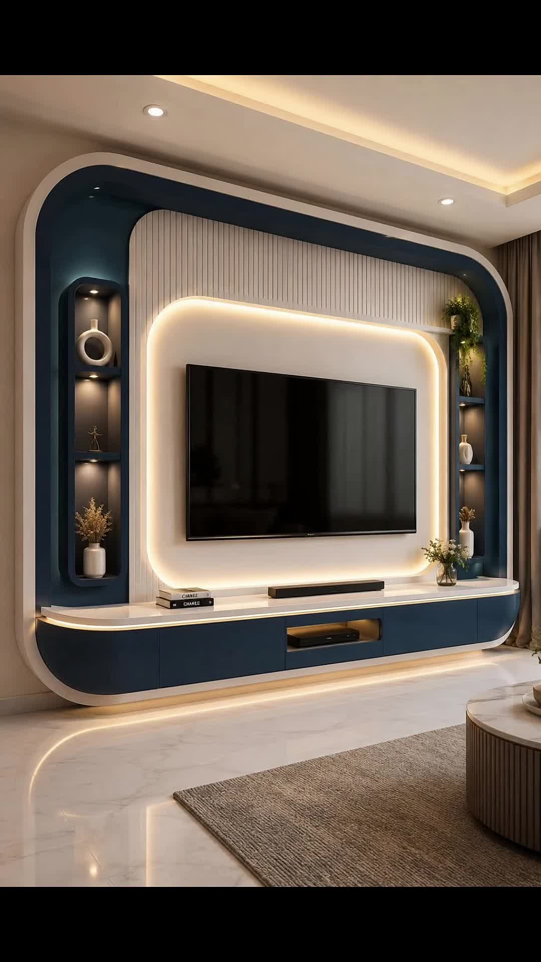 Contemporary Living Room TV Wall Unit with Curved Shelving and LED Lighting