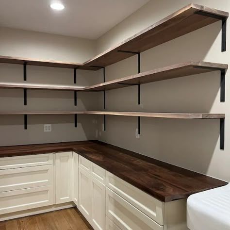 Modern Pantry with Floating Wood Shelves and White Cabinetry