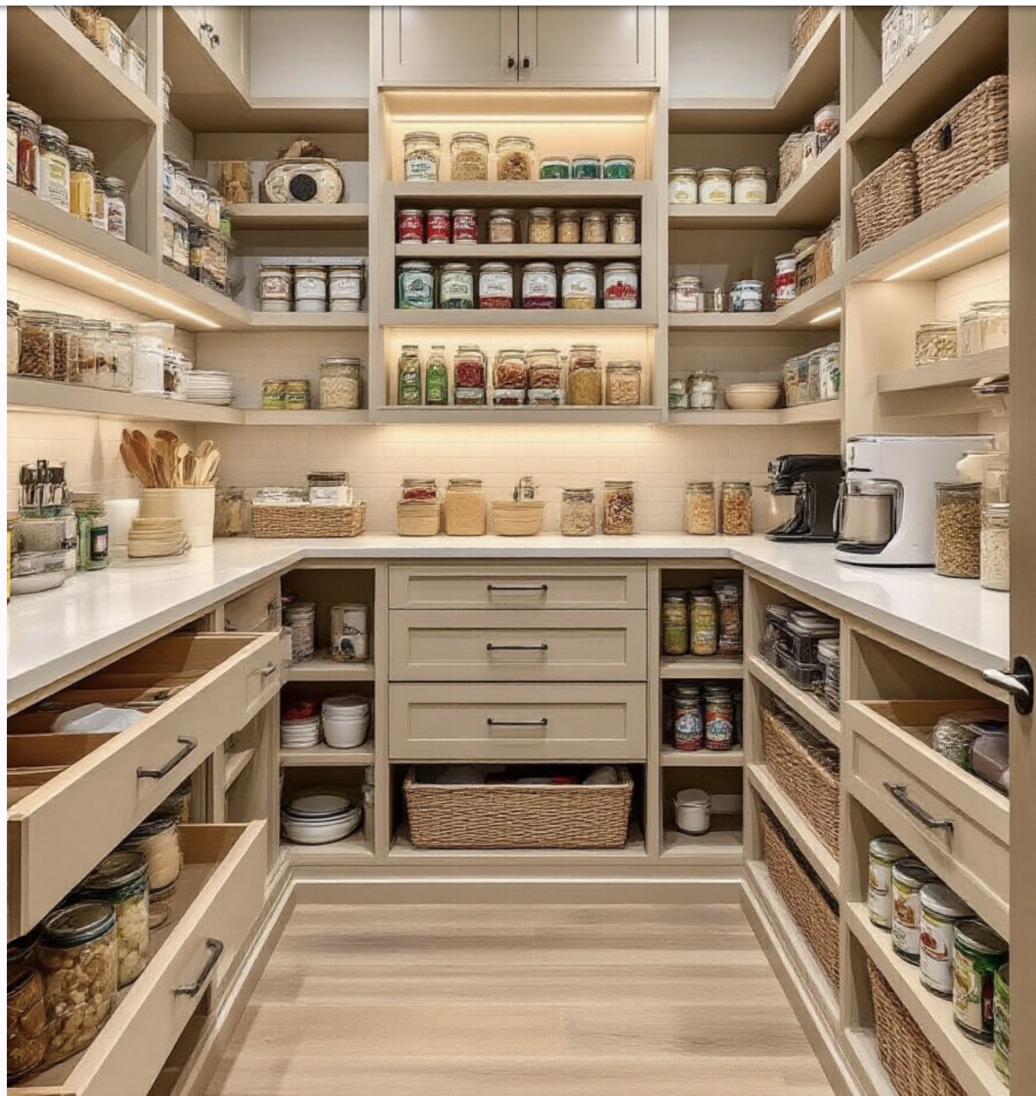 Modern Walk-In Pantry with Open Shelving and Ample Storage