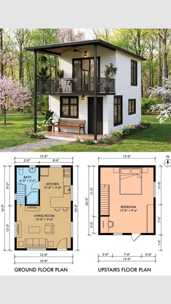 Modern Two-Story Small Home with Balcony and Efficient Floor Plan