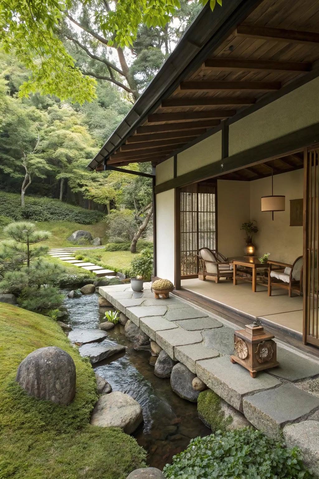 Serene Japanese Garden with Indoor-Outdoor Living Space