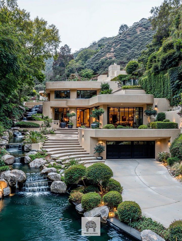 Modern Hillside Home with Cascading Water Features and Lush Landscaping