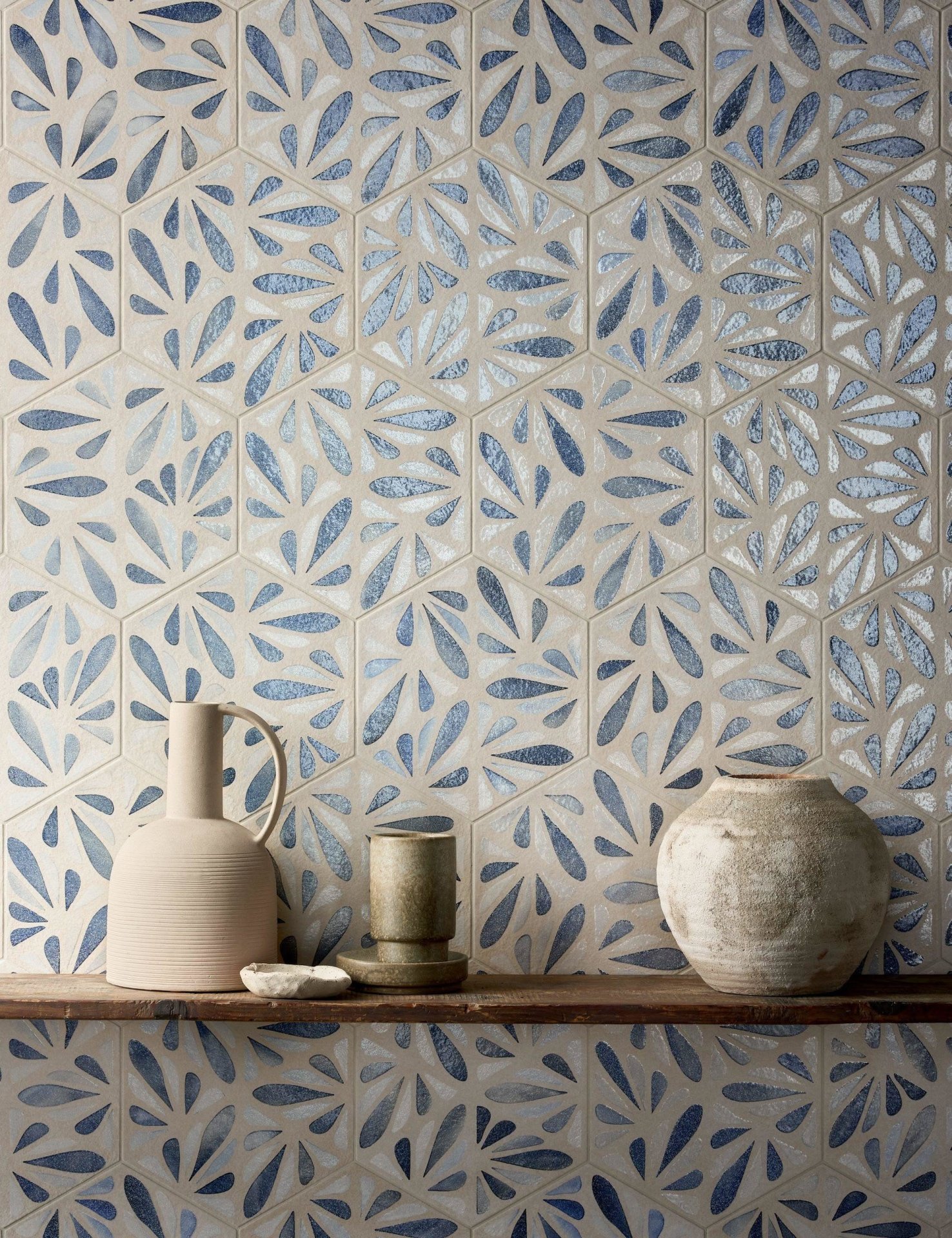 Geometric Floral Patterned Tile Wall with Rustic Shelf