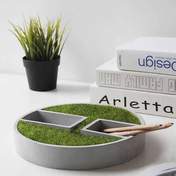 Modern Concrete Desk Organizer with Artificial Grass Accent