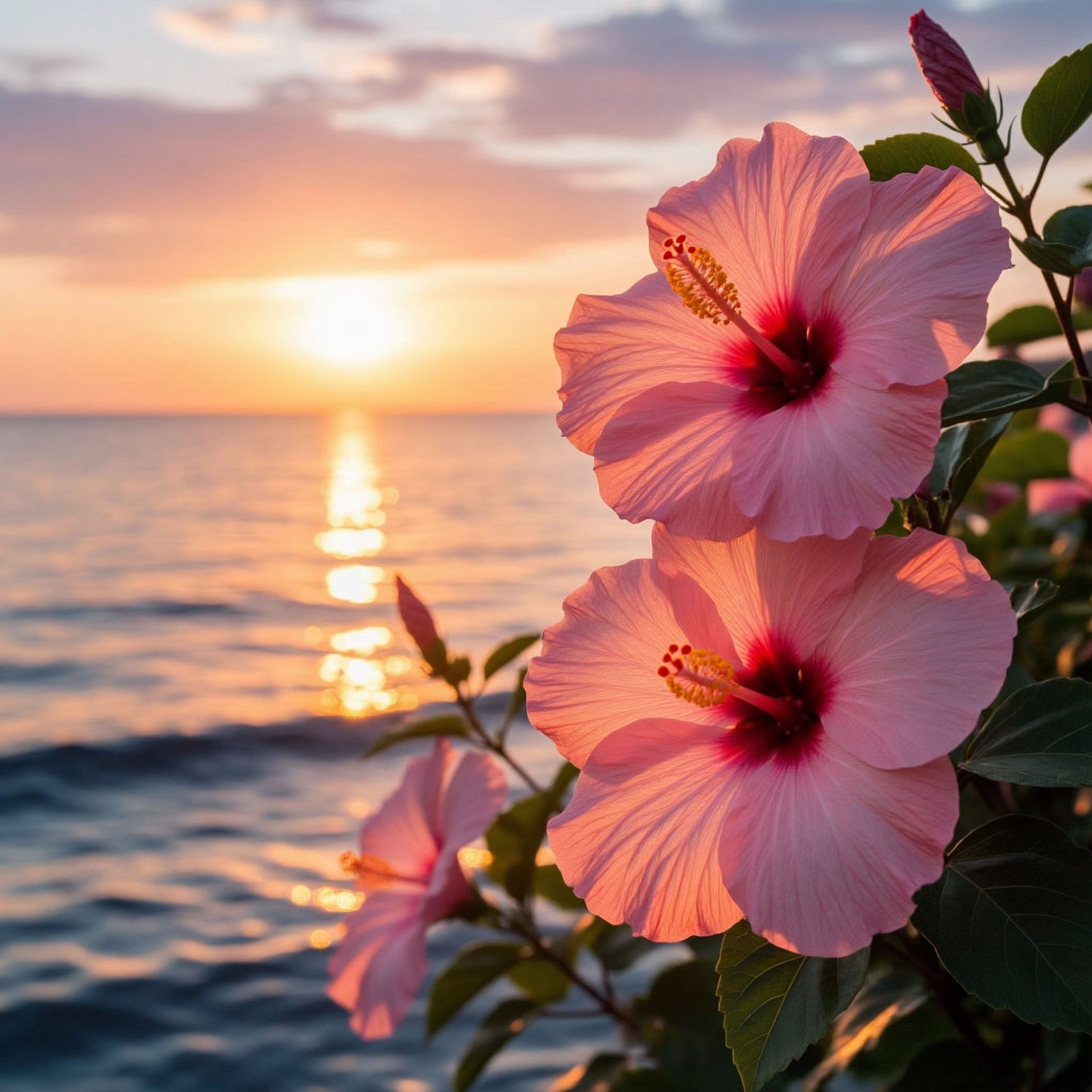 Pink Hibiscus Flowers at Sunset by the Seaside