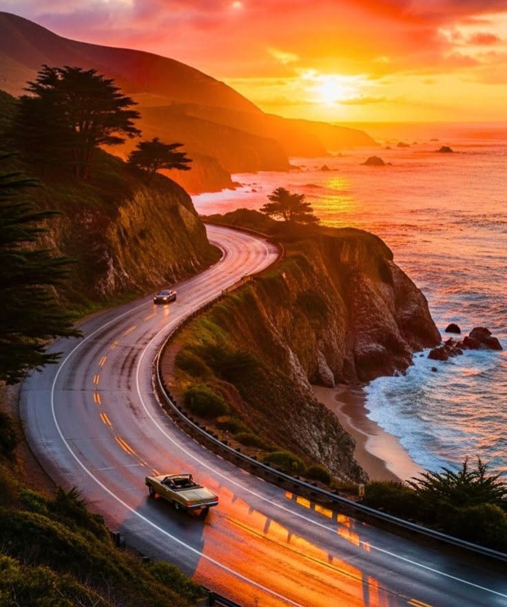 Scenic Coastal Road at Sunset Along Rocky Cliffs