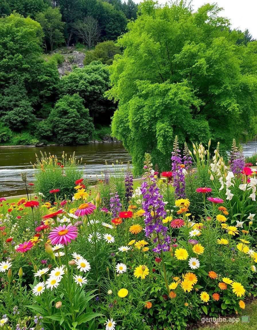 Vibrant Wildflower Garden Beside a River with Lush Green Trees
