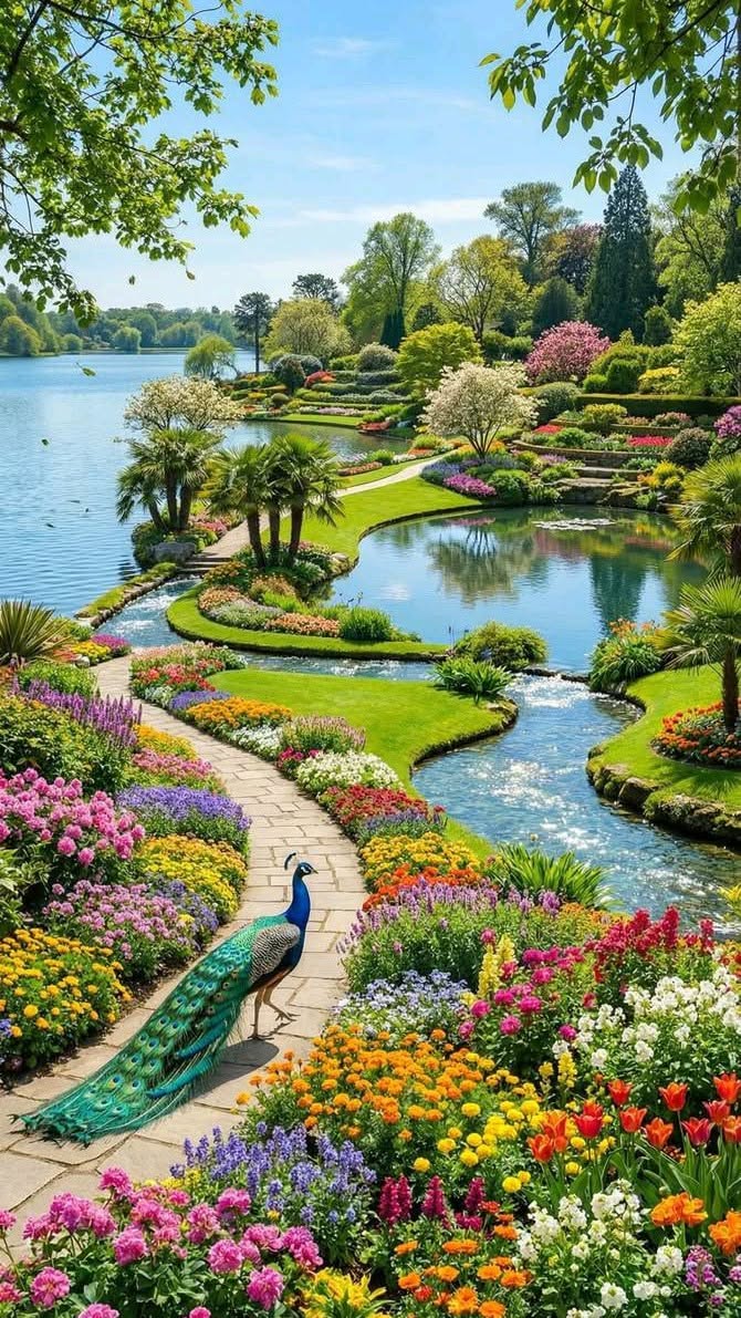 Vibrant Lakeside Flower Garden with Walking Path and Peacock