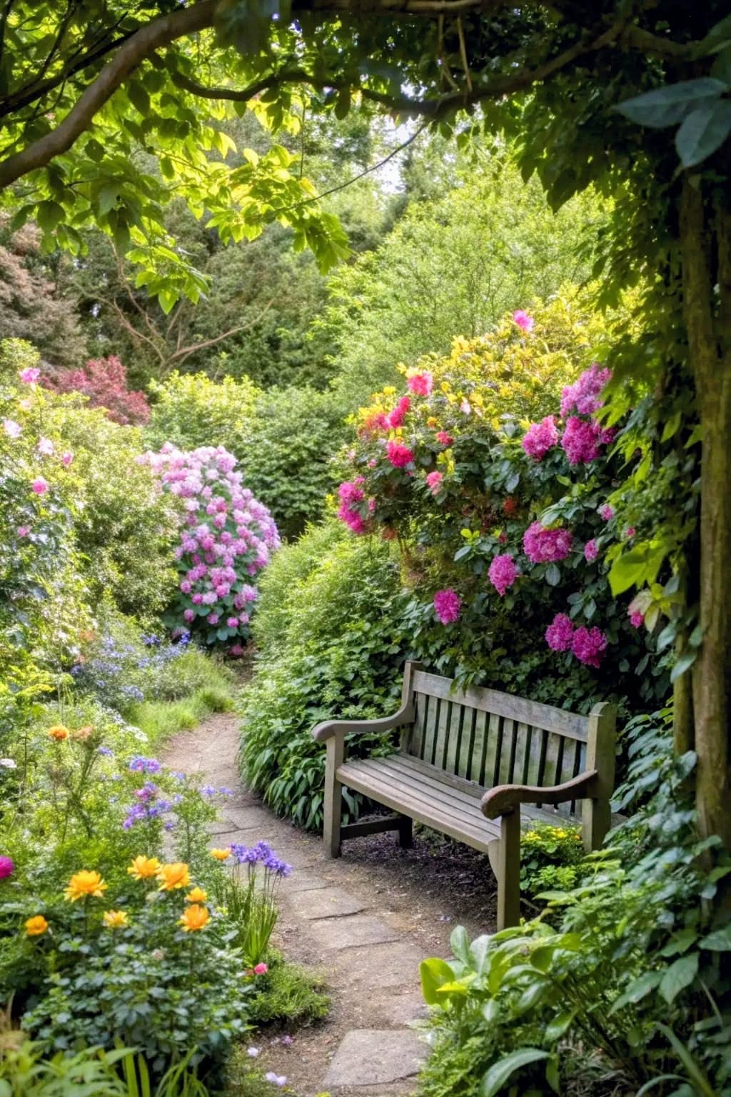 Shaded Garden Pathway with Wooden Bench and Blooming Shrubs
