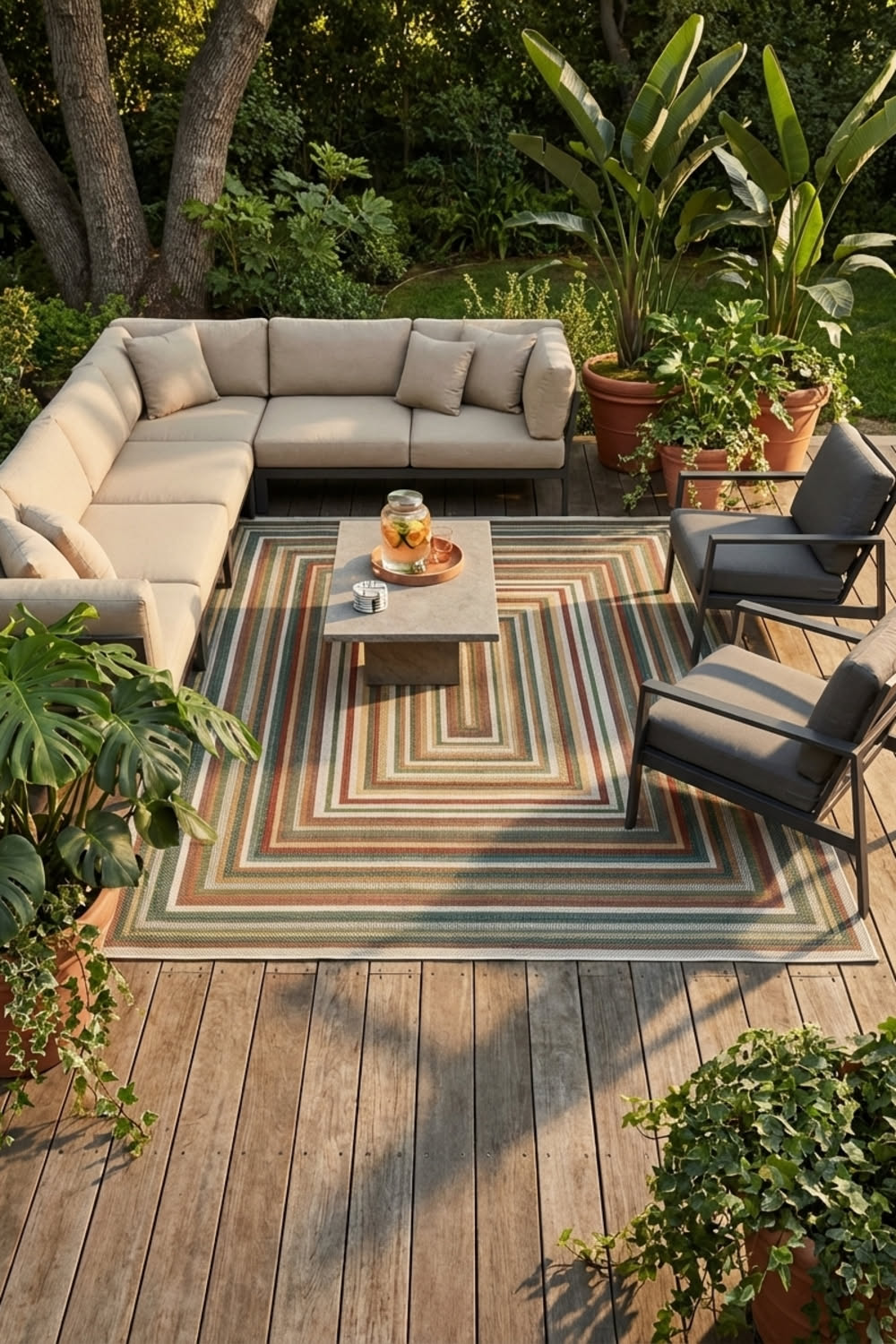 Modern Patio Lounge with Sectional Sofa and Lush Potted Plants