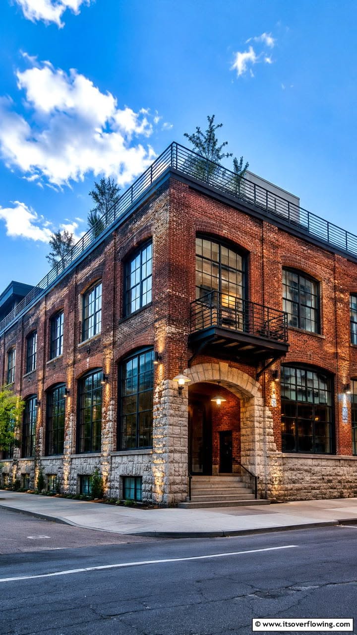 Stunning Brick and Stone Industrial Loft Exterior with Steel Accents