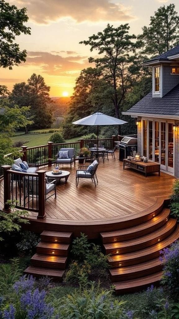Curved Wooden Deck with Built-In Lighting and Outdoor Lounge Area