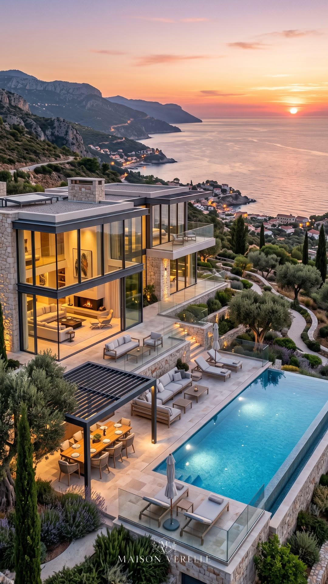 Modern Hillside Villa with Infinity Pool Overlooking Coastal Sunset