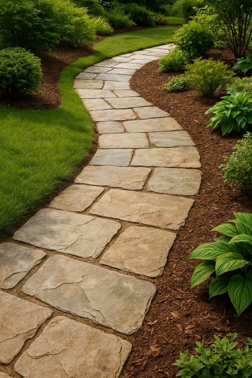 Curved Stone Garden Walkway with Lush Greenery and Mulch Borders