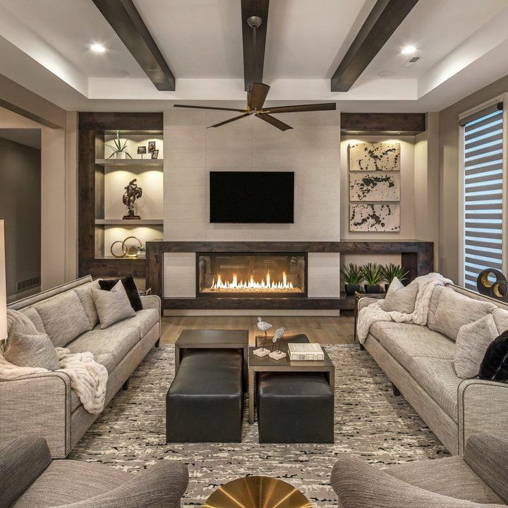 Contemporary Living Room With Linear Fireplace and Exposed Ceiling Beams
