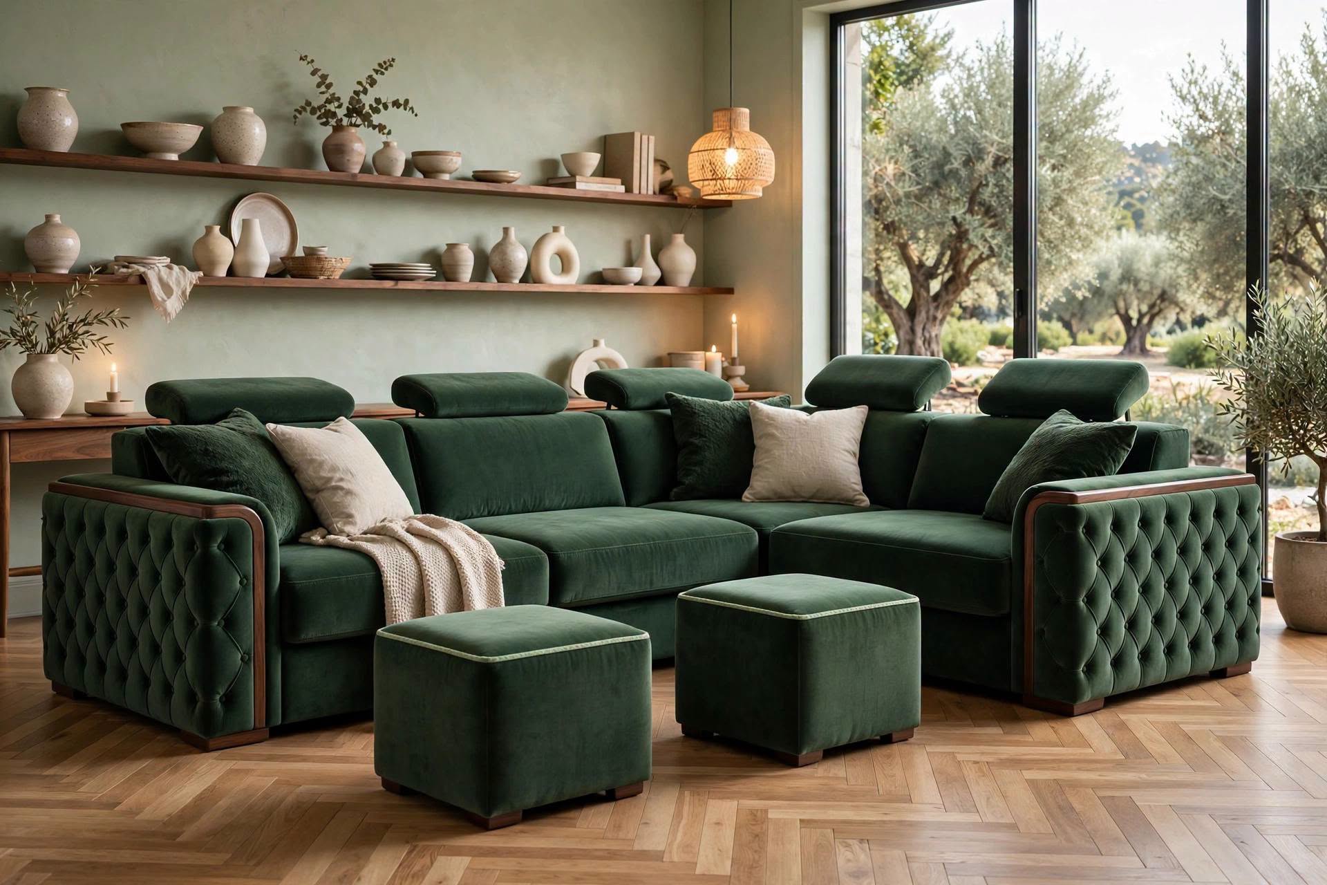 Modern Living Room with Green Velvet Sectional and Natural Decor Accents
