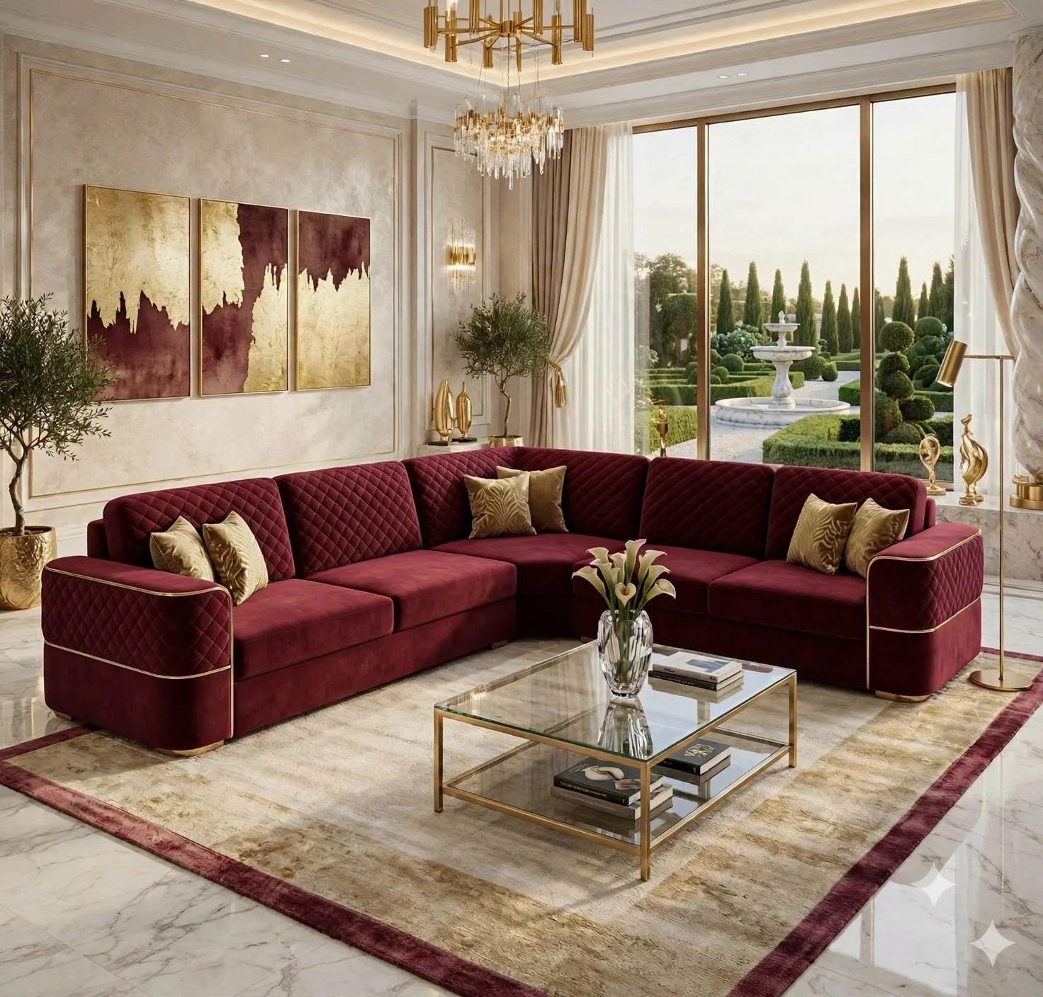 Elegant Living Room With Burgundy Sectional and Gold Accents