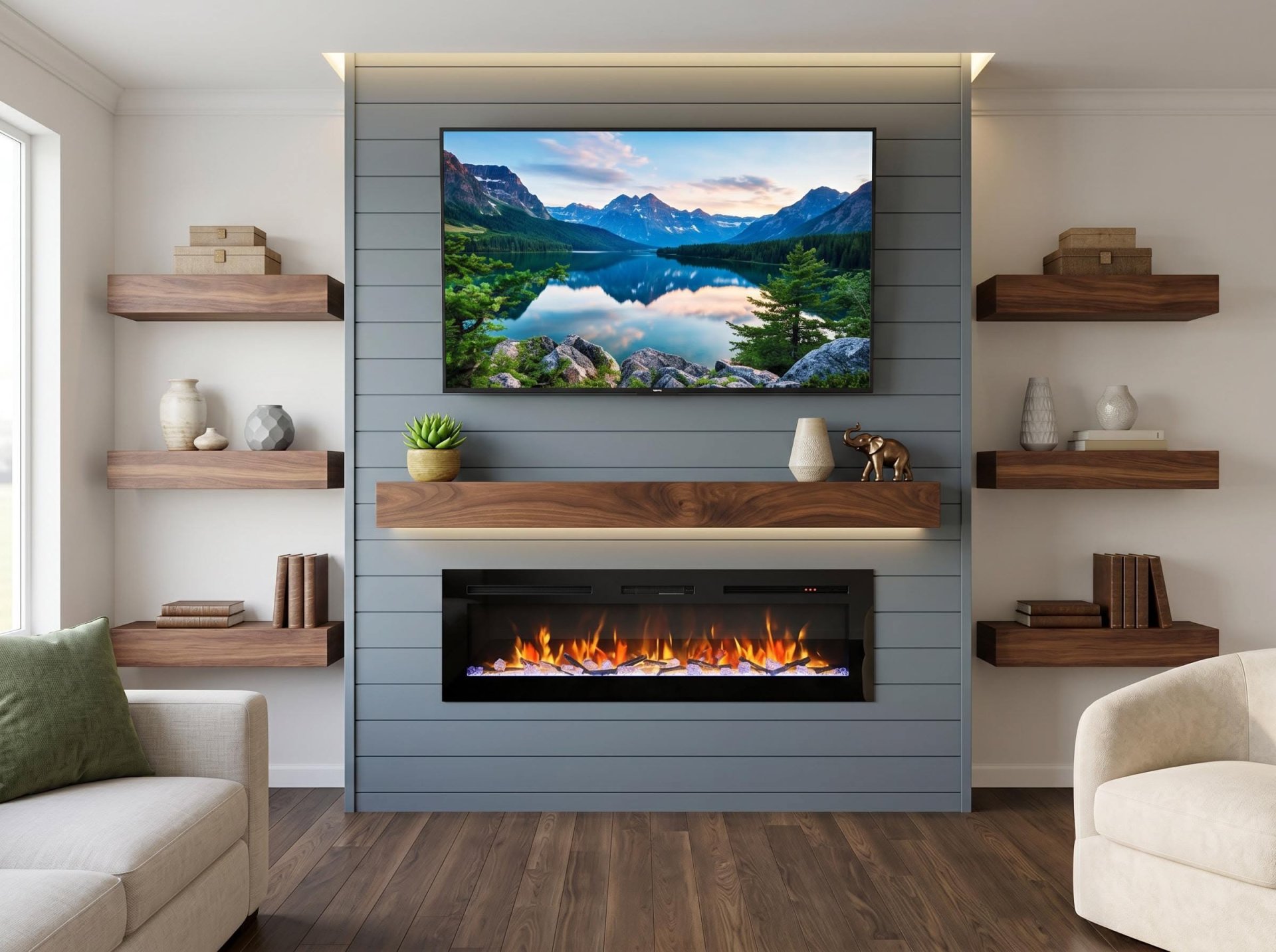 Modern Living Room With Electric Fireplace and Wood Floating Shelves